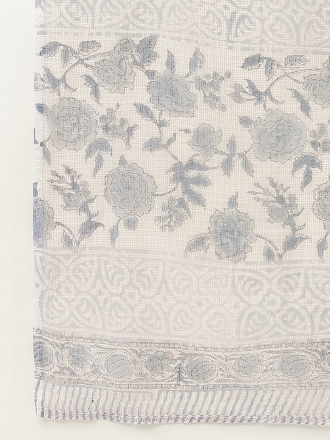 Grey Floral Hand Block Printed Cotton Straight Kurta, trousers with Dupatta Set