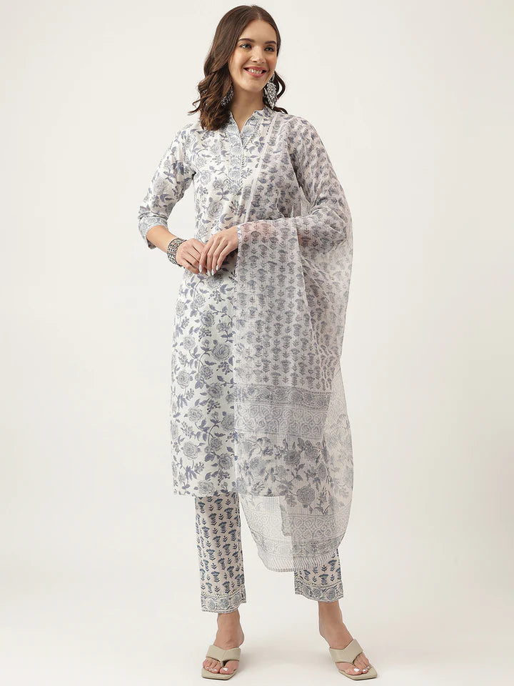 Grey Floral Hand Block Printed Cotton Straight Kurta, trousers with Dupatta Set
