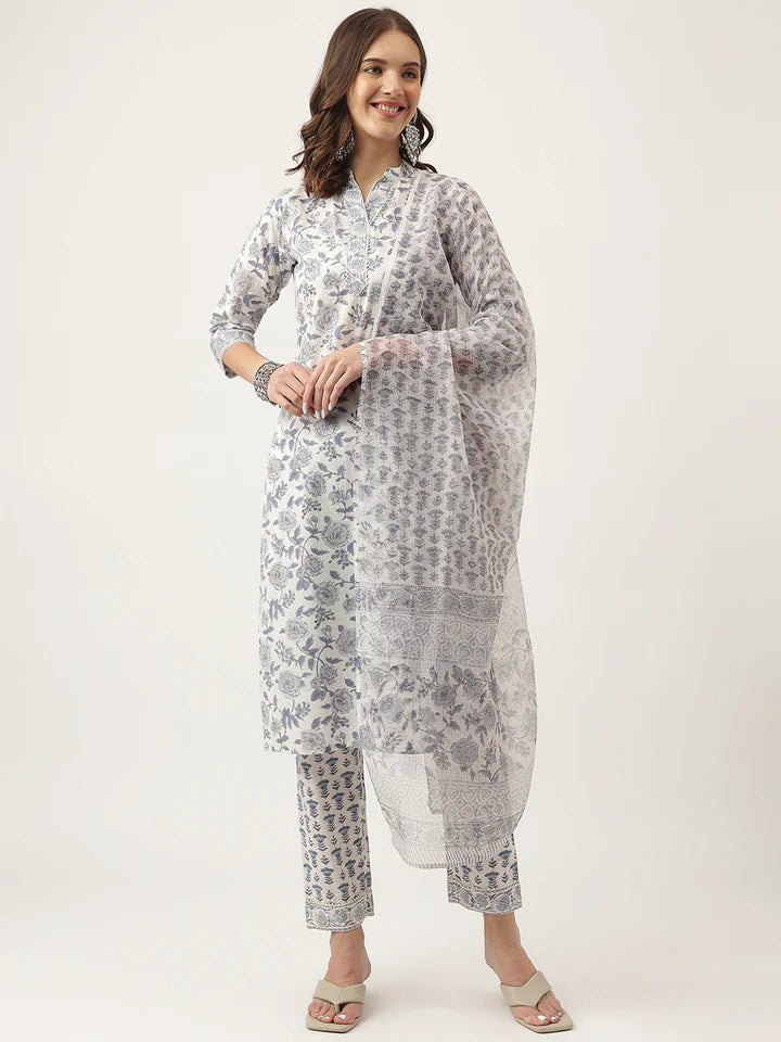 Grey Floral Hand Block Printed Cotton Straight Kurta, trousers with Dupatta Set