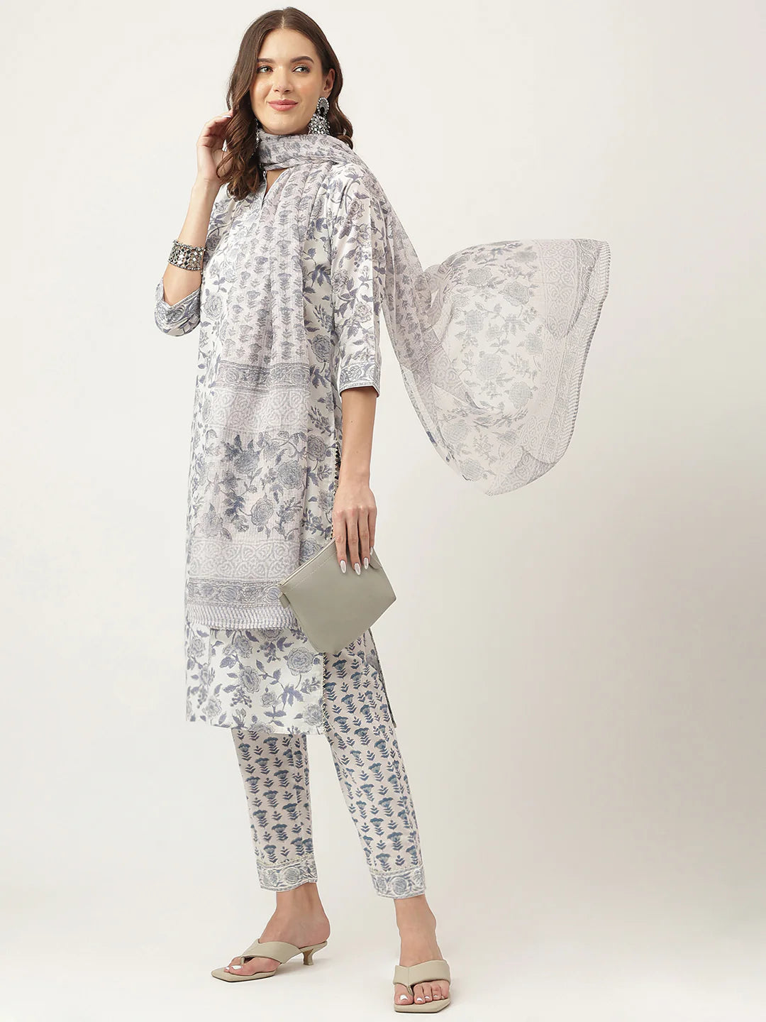 Grey Floral Hand Block Printed Cotton Straight Kurta, trousers with Dupatta Set