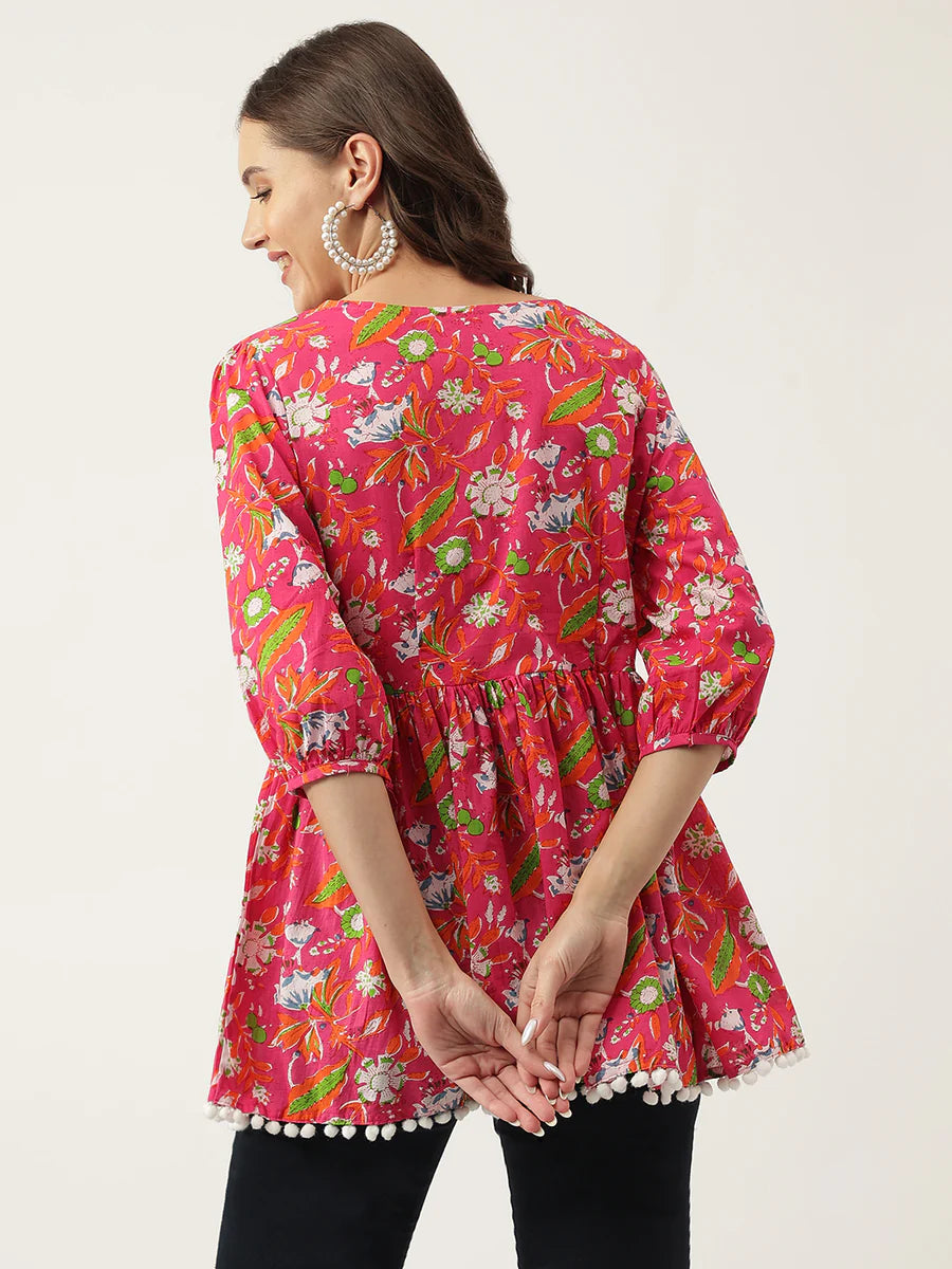 Pink Floral Printed Cotton Peplum Fit Top