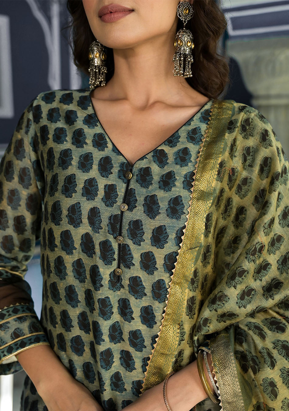 Green Ethnic Printed Chanderi Silk Kurta Trouser with Dupatta Set