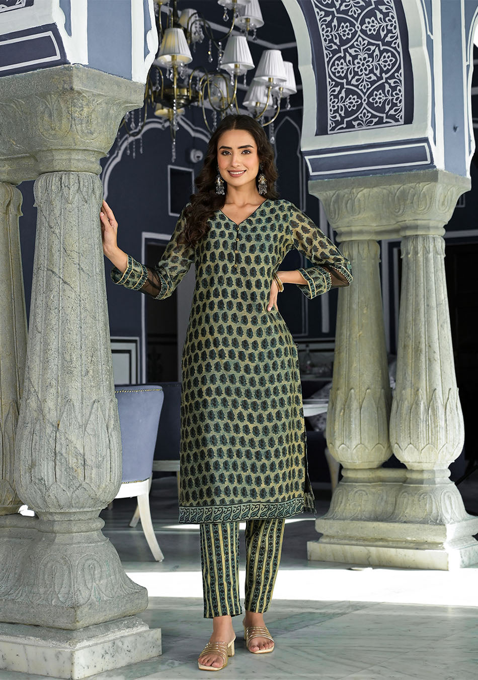 Green Ethnic Printed Chanderi Silk Kurta Trouser with Dupatta Set