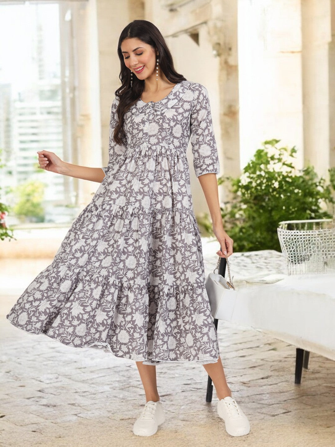 Grey Floral Printed Cotton Dress