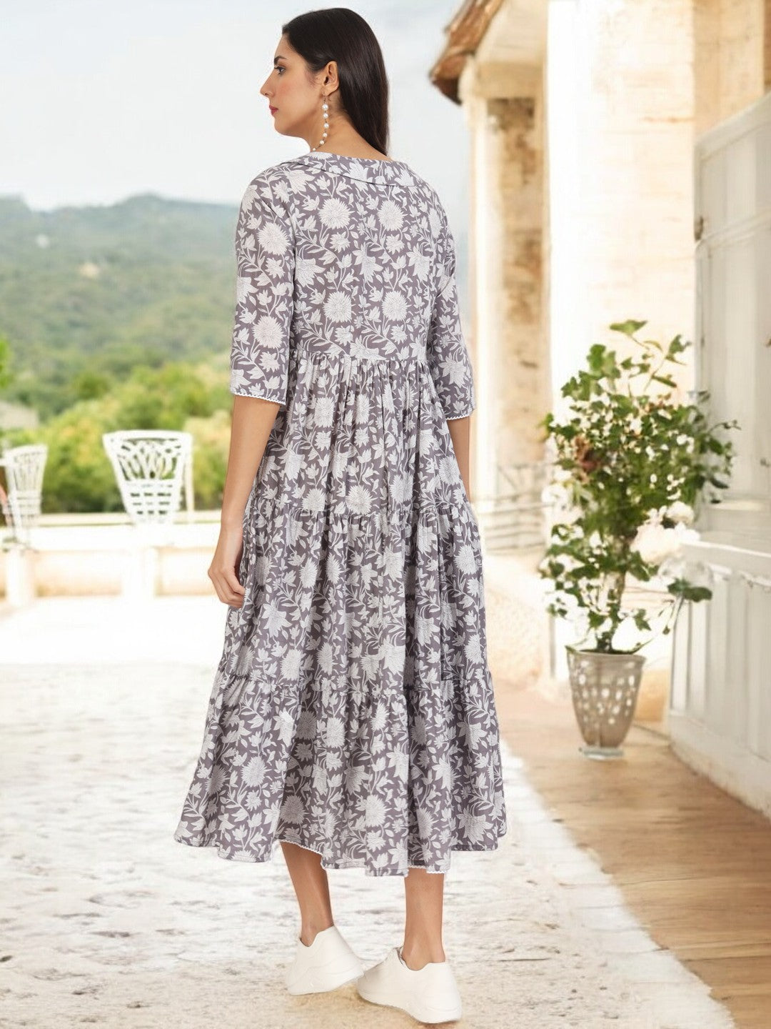 Grey Floral Printed Cotton Dress