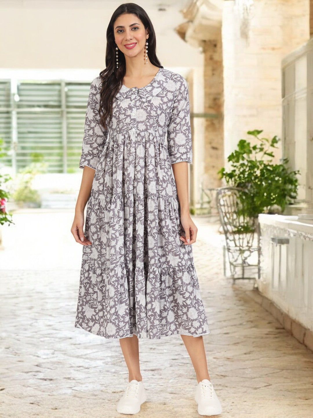 Grey Floral Printed Cotton Dress