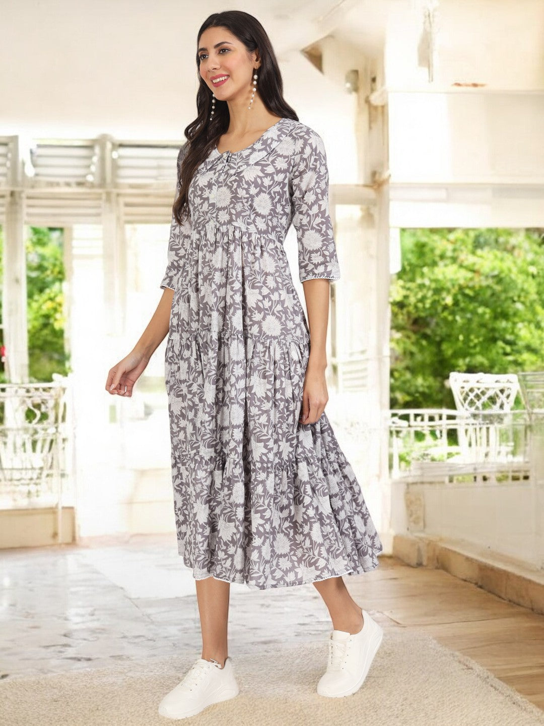 Grey Floral Printed Cotton Dress