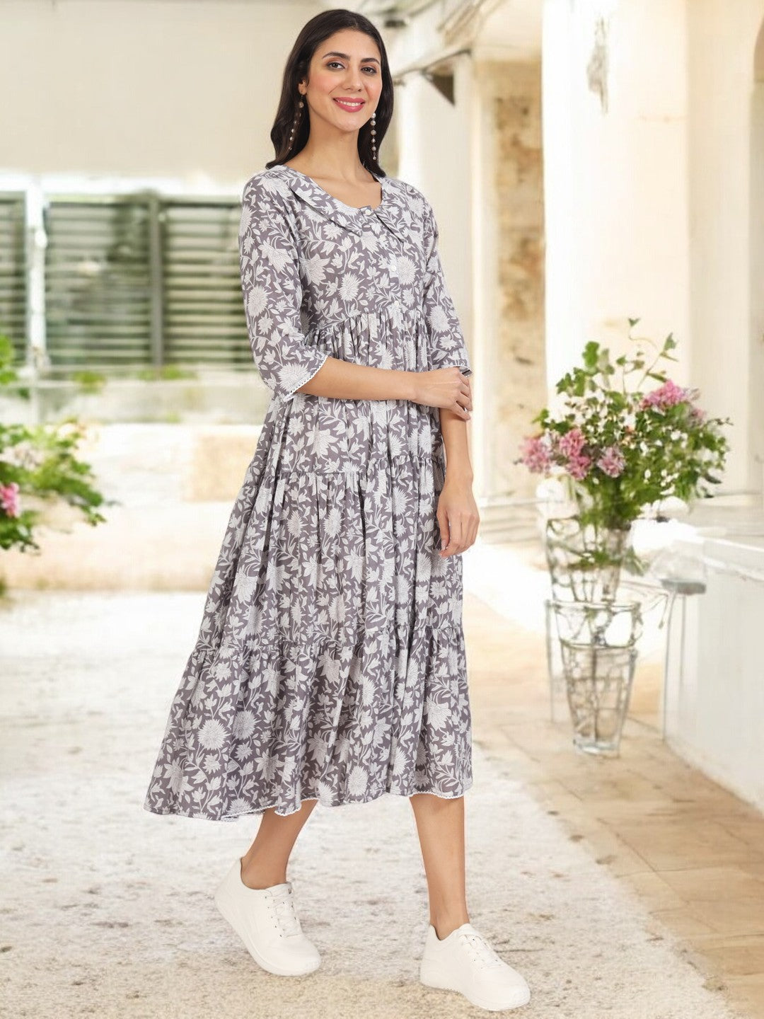 Grey Floral Printed Cotton Dress