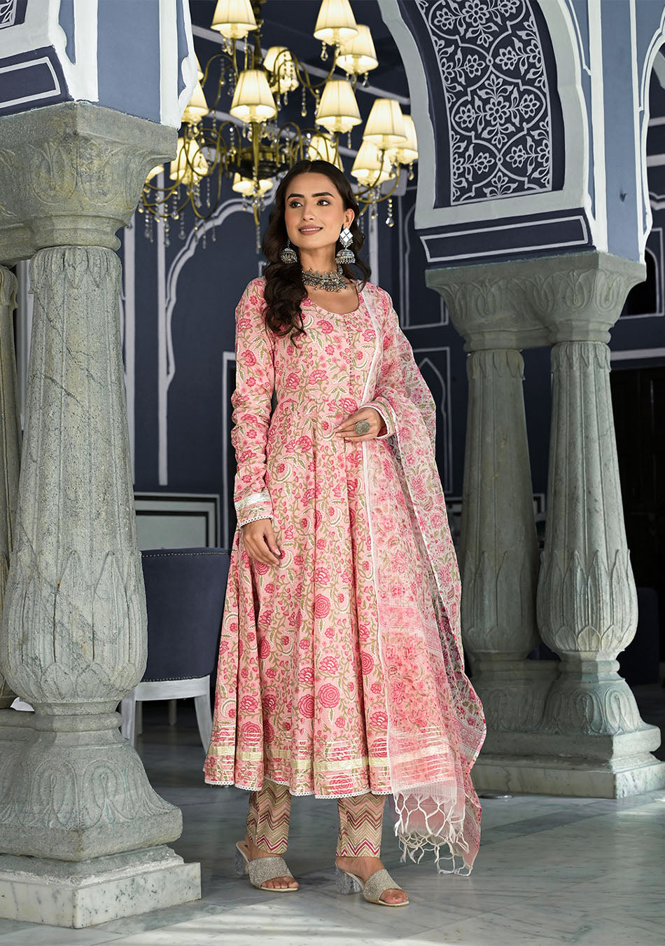 Pink Floral Hand Block Printed Anarkali Kurta Trouser with Dupatta Set