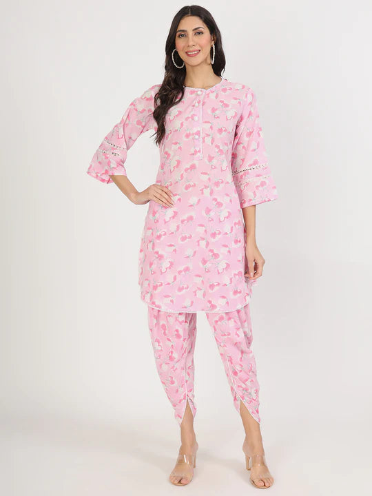 Pink Floral Printed Cotton Kurta with Dhoti Co-Ord Set