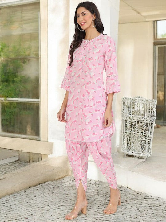 Pink Floral Printed Cotton Kurta with Dhoti Co-Ord Set