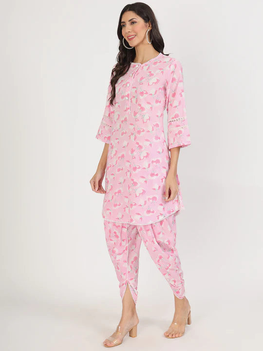 Pink Floral Printed Cotton Kurta with Dhoti Co-Ord Set