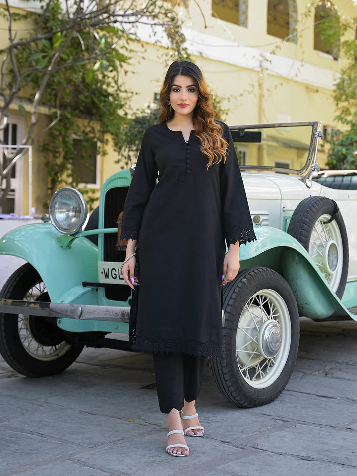 Black Solid Print Cotton Fabric Shirt Kurta with Trouser