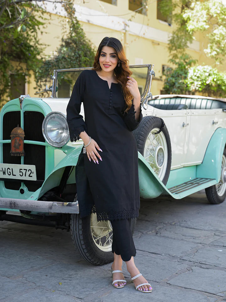 Black Solid Print Cotton Fabric Shirt Kurta with Trouser