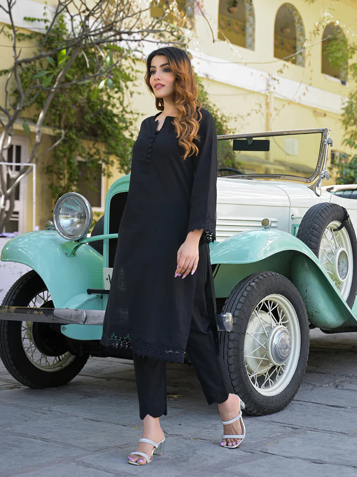 Black Solid Print Cotton Fabric Shirt Kurta with Trouser