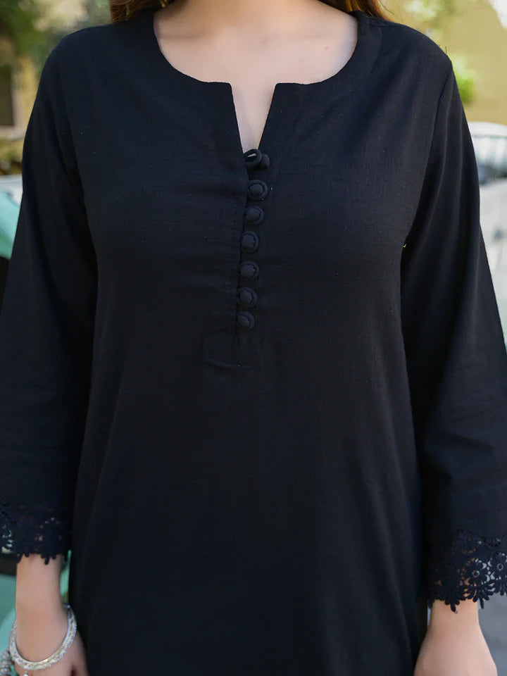 Black Solid Print Cotton Fabric Shirt Kurta with Trouser