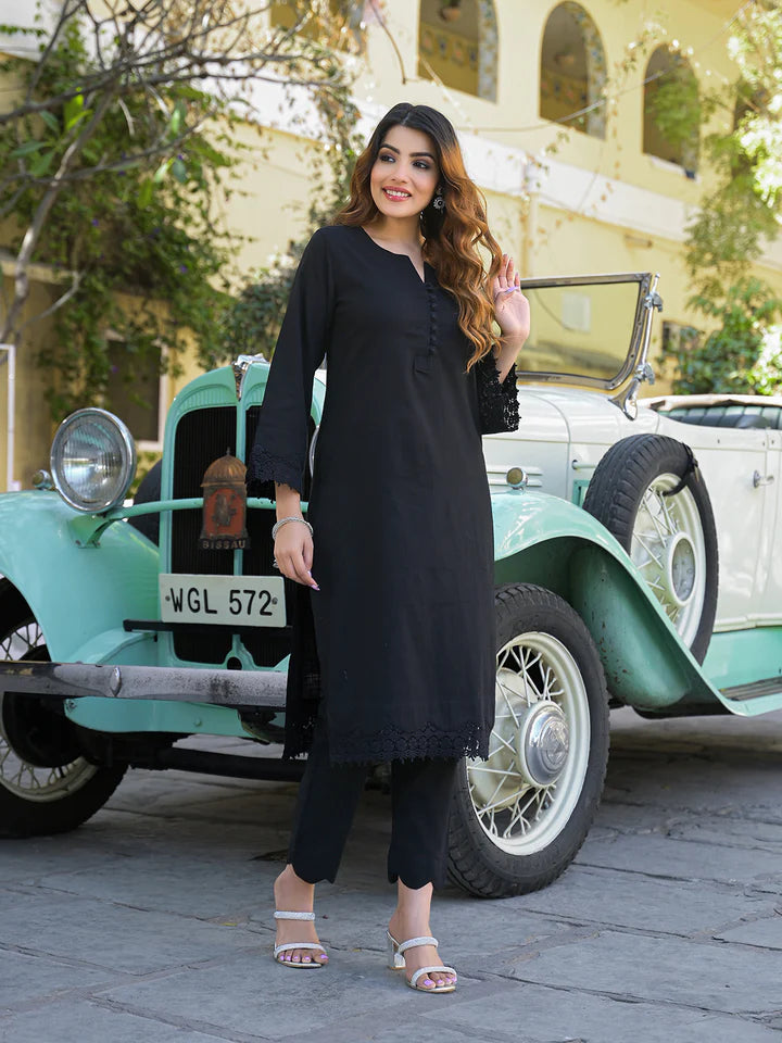 Black Solid Print Cotton Fabric Shirt Kurta with Trouser