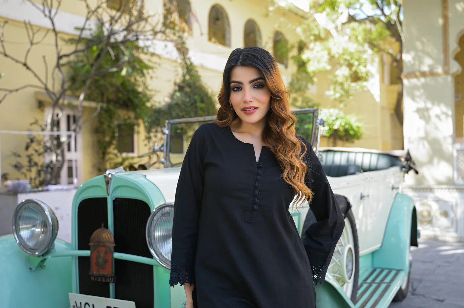 Black Solid Print Cotton Fabric Shirt Kurta with Trouser