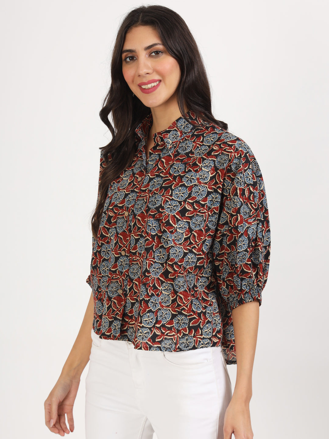 Black Floral Printed Cotton Tops