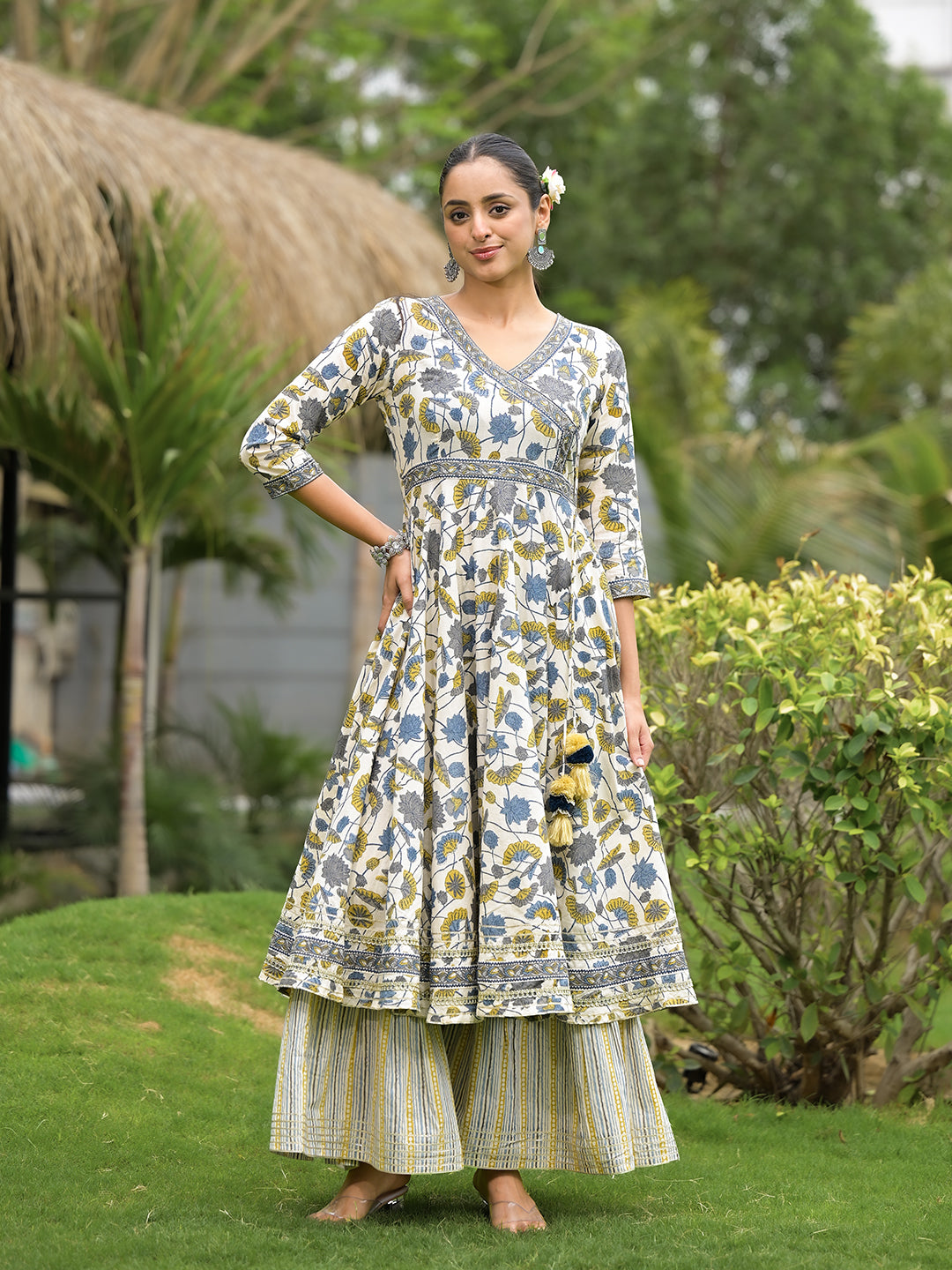 OffWhite Floral Print Kurta and Palazzo Set