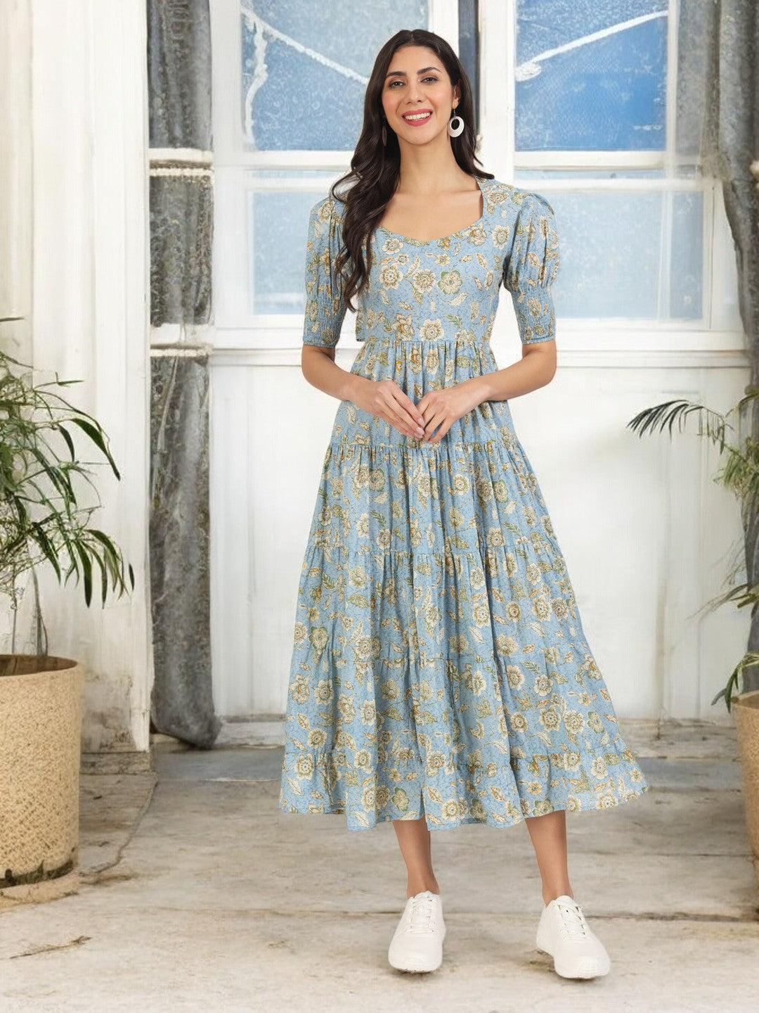 Sky Blue Floral Printed Calf length Dress