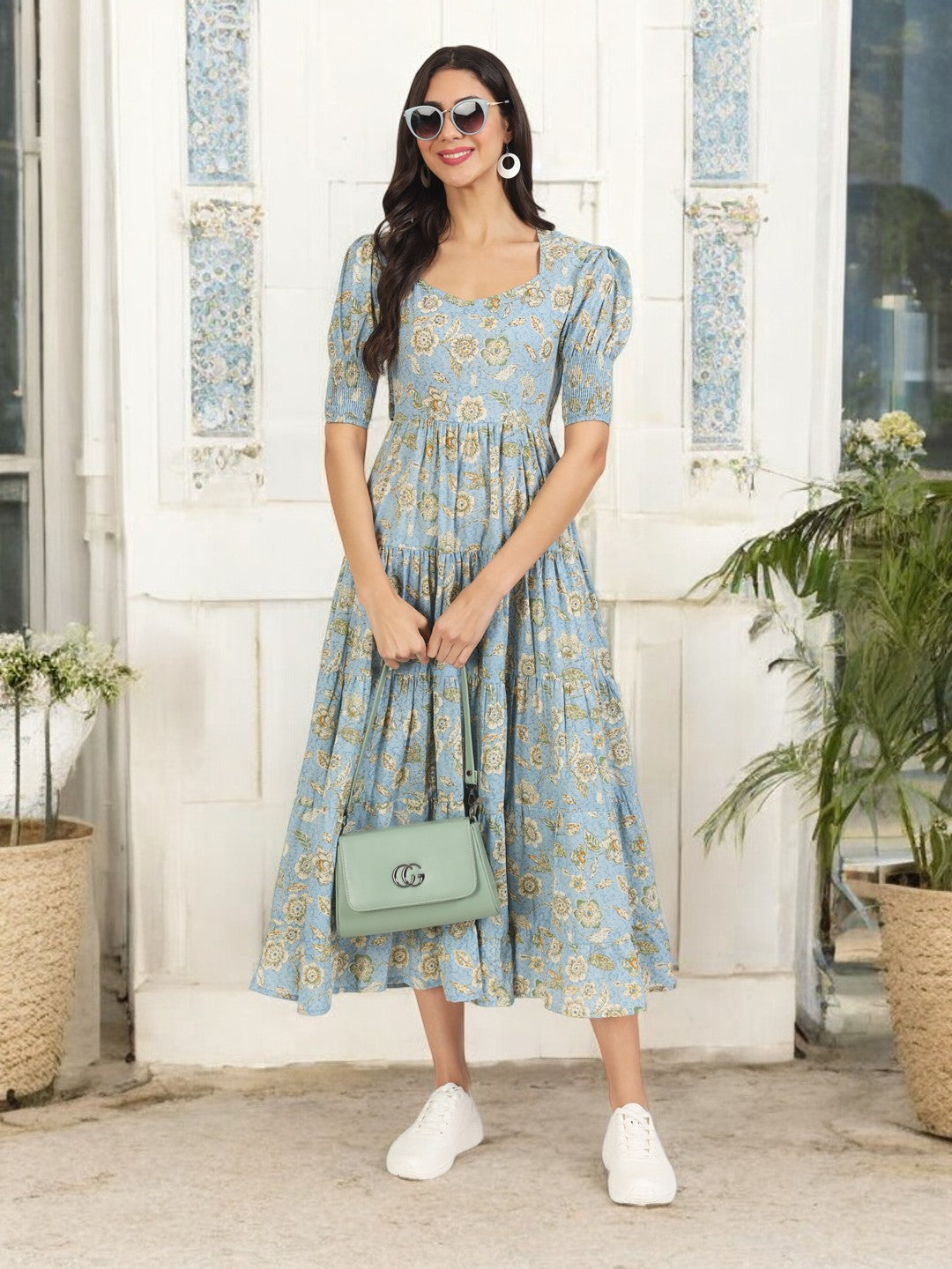 Sky Blue Floral Printed Calf length Dress
