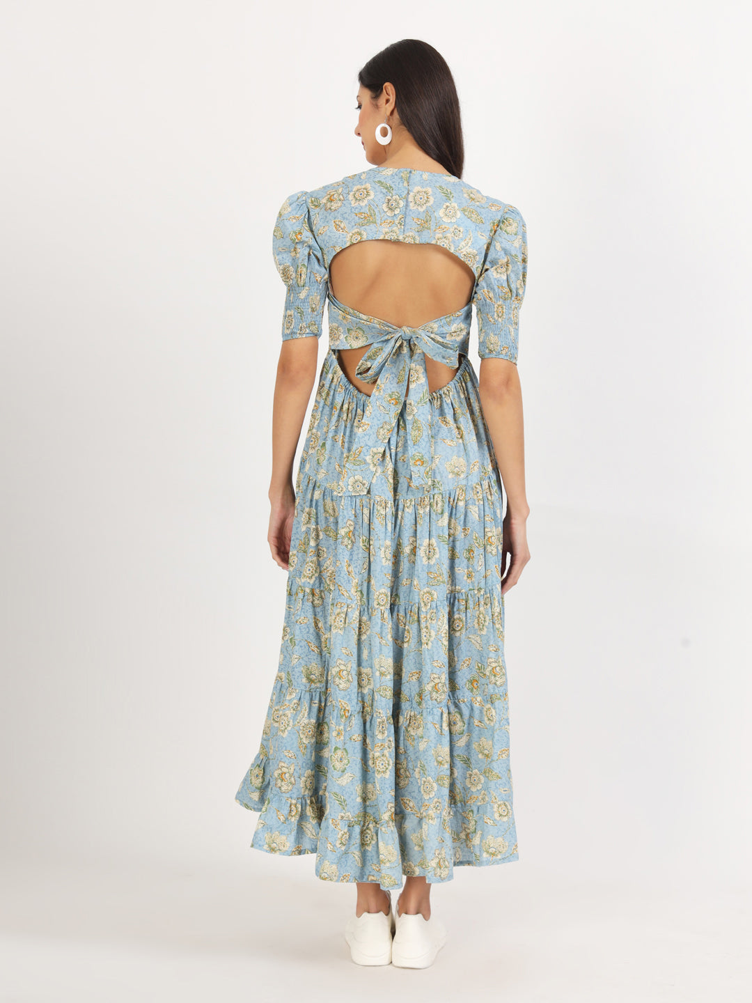Sky Blue Floral Printed Calf length Dress