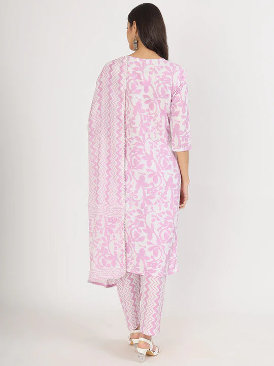 Purple Floral Print Cotton Kurta pant with Dupatta set