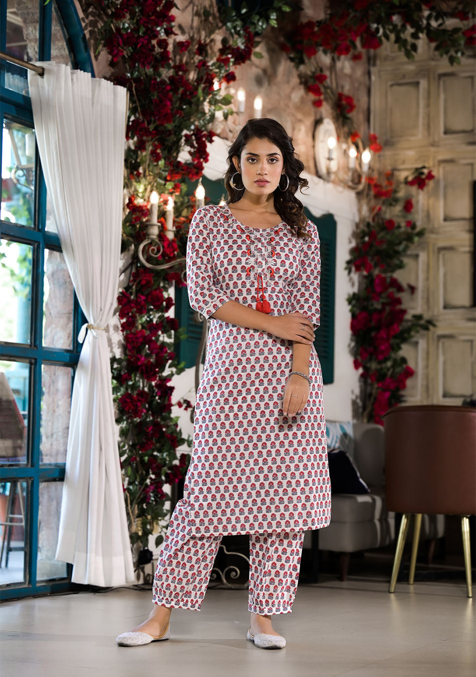 White & Red Floral Printed Cotton Kurta with Trouser