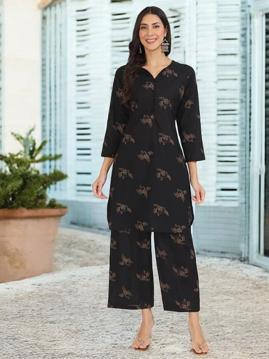 Black Printed Kurta with Trouser Co-Ord Set