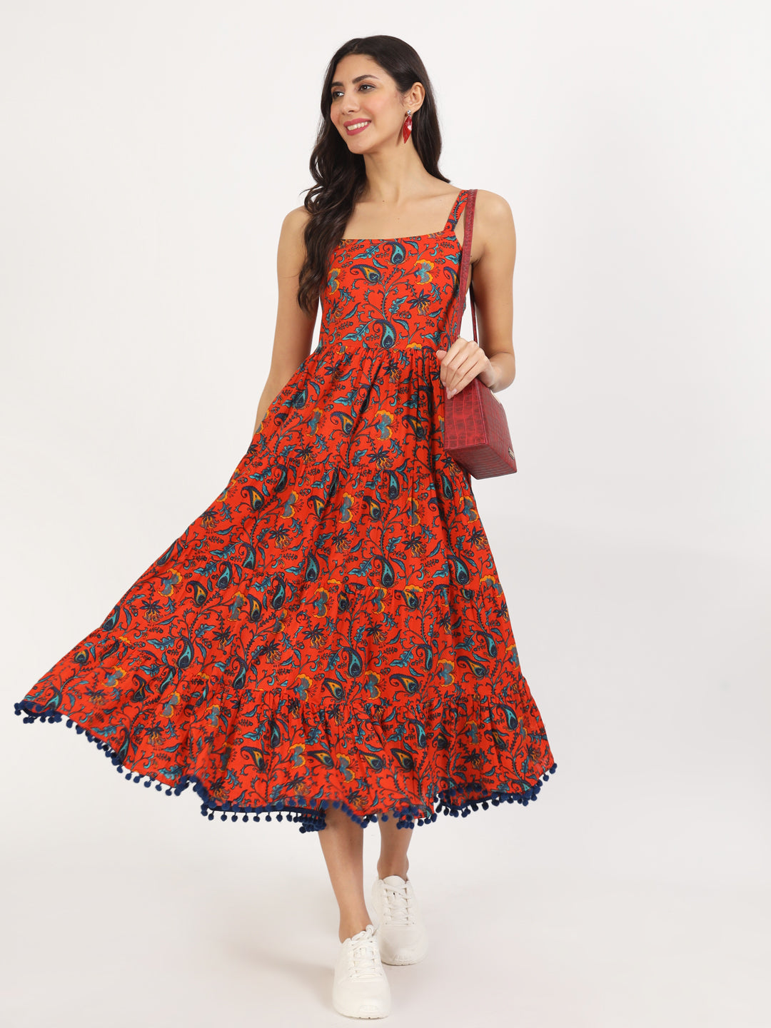 Red Floral Printed Cotton Dress