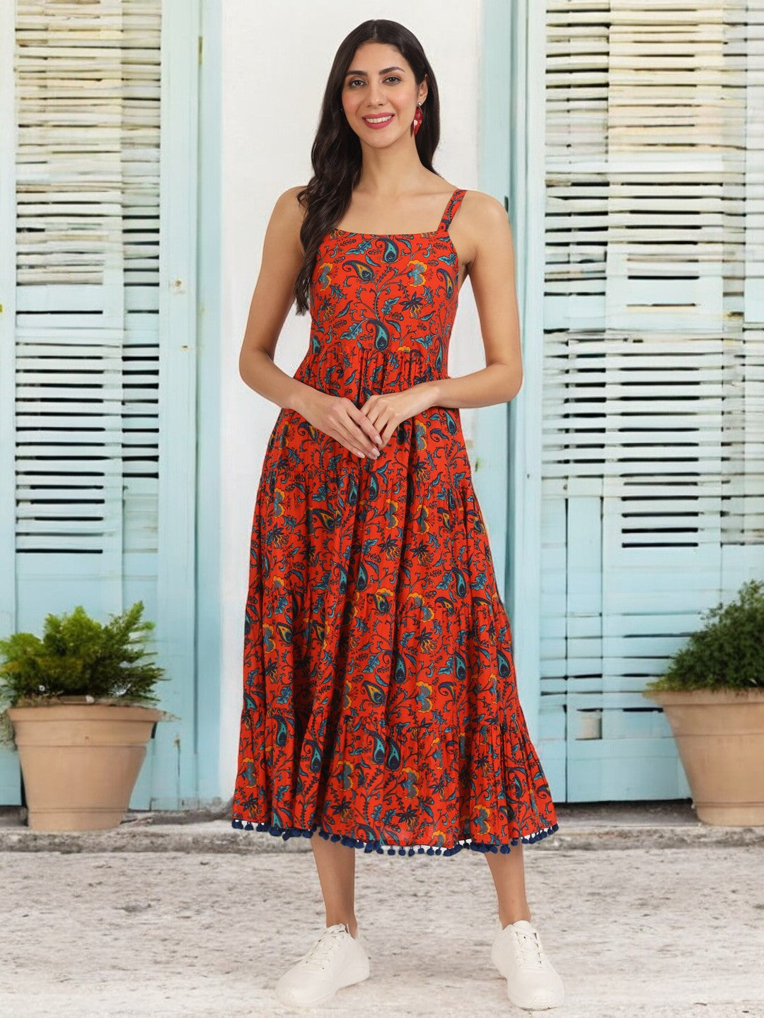 Red Floral Printed Cotton Dress