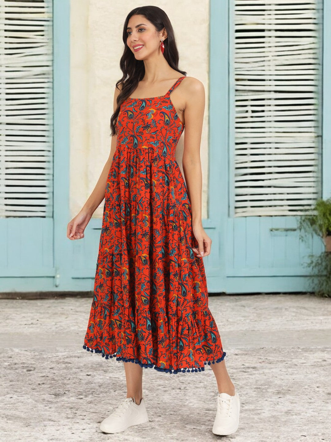 Red Floral Printed Cotton Dress