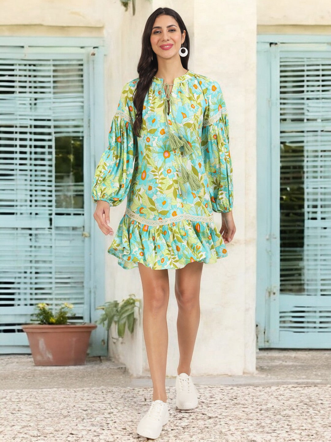 Green Floral Printed Rayon Dress