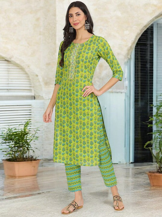Green Floral Print Cotton Kurta Pants with Dupatta