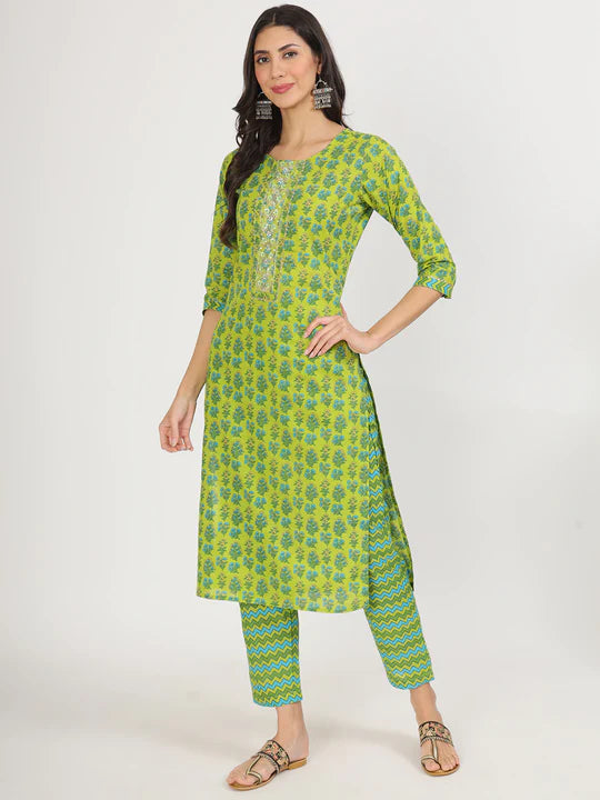 Green Floral Print Cotton Kurta Pants with Dupatta set for women