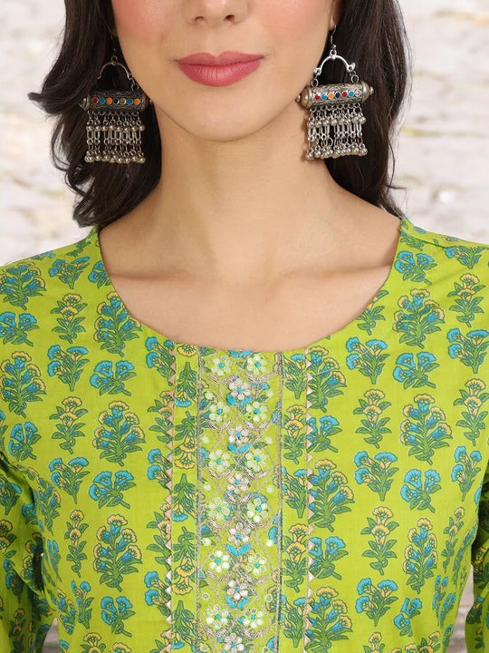Green Floral Print Cotton Kurta Pants with Dupatta