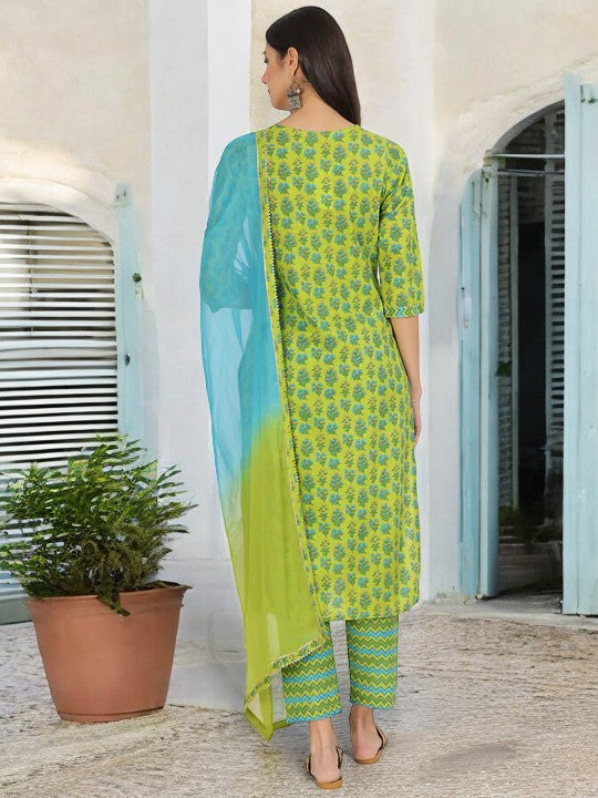 Green Floral Print Cotton Kurta Pants with Dupatta