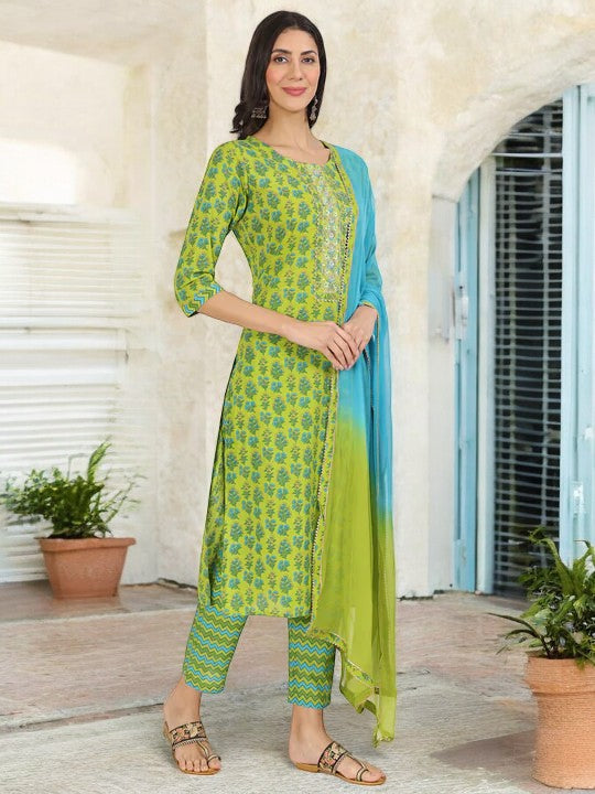 Green Floral Print Cotton Kurta Pants with Dupatta