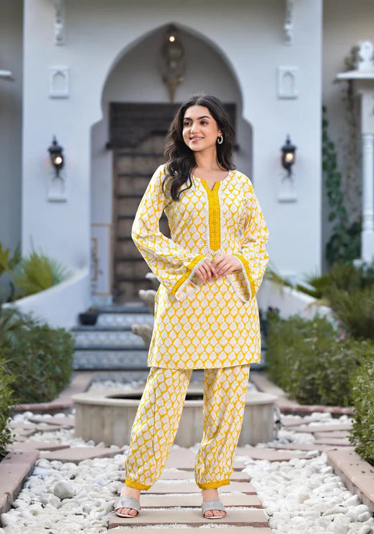 Yellow Floral Print Rayon Co-ord set for women