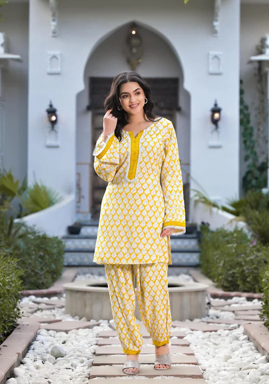 Yellow Floral Print Rayon Co-ord set for women