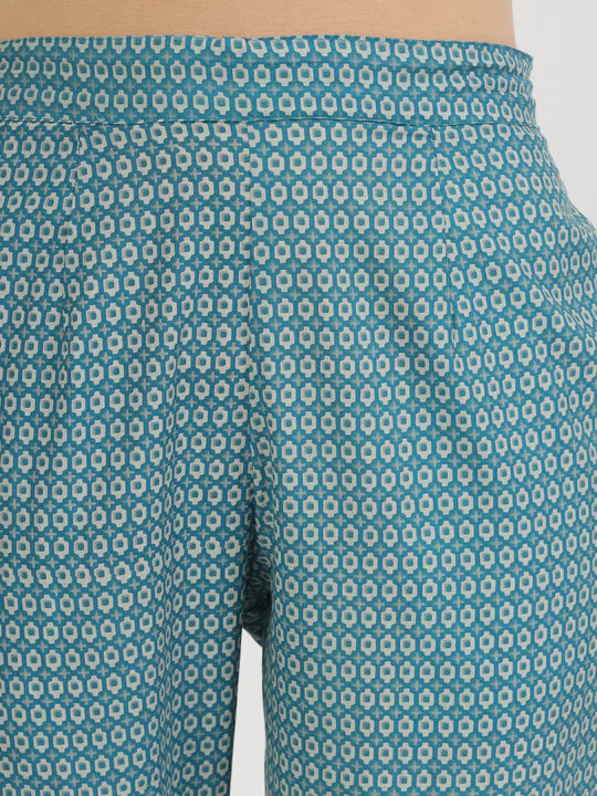 Teal Blue Floral Print Cotton Nyra Cut Kurta pants with Dupatta set