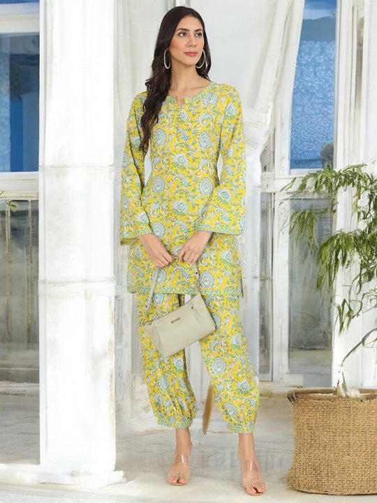 Mustard Floral Print Rayon Co-ord set