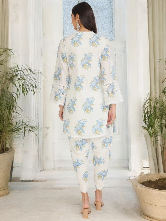 Off White Floral Print Cotton Co-ord set