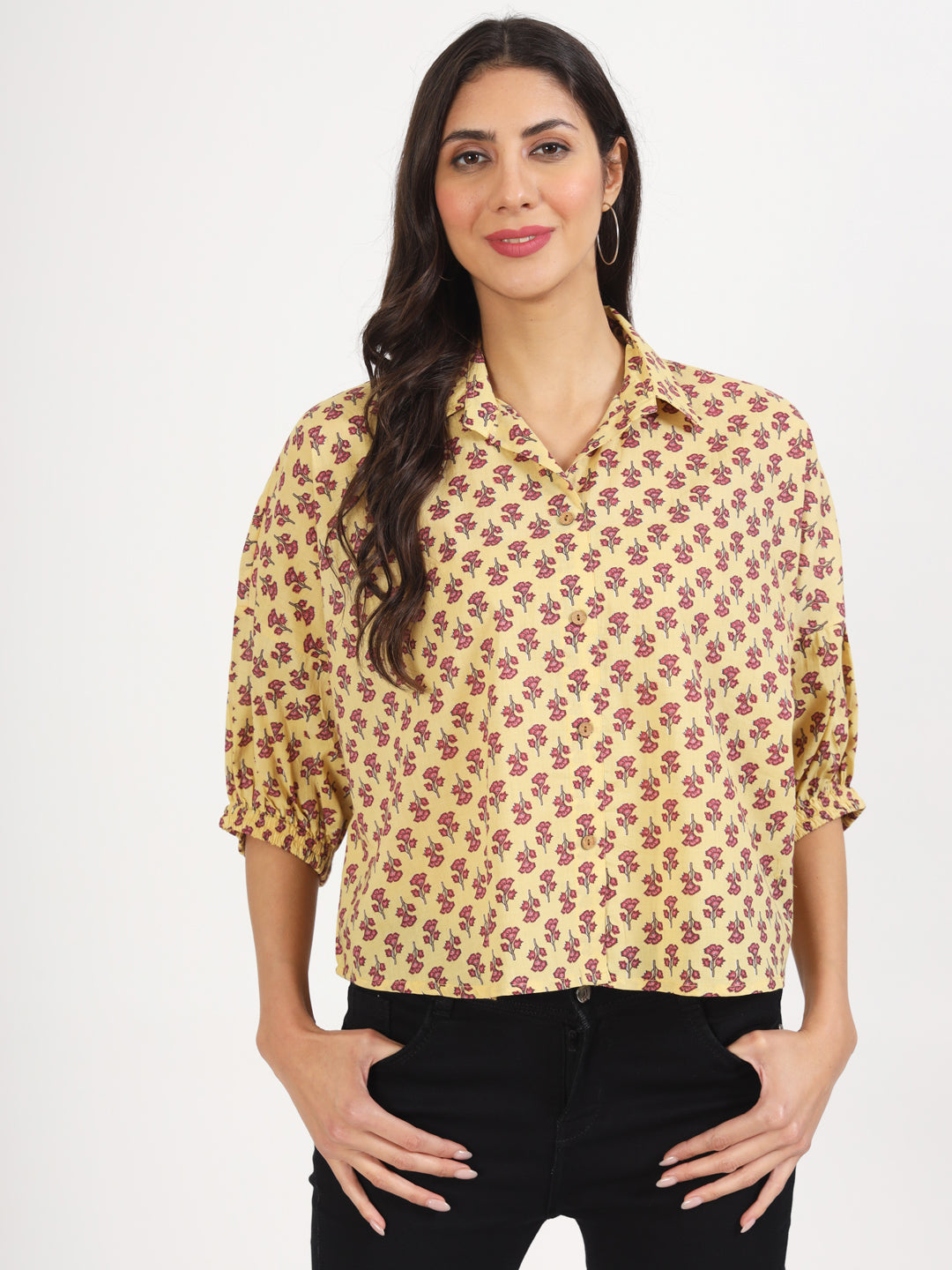 Beige Floral Printed Cotton Tops