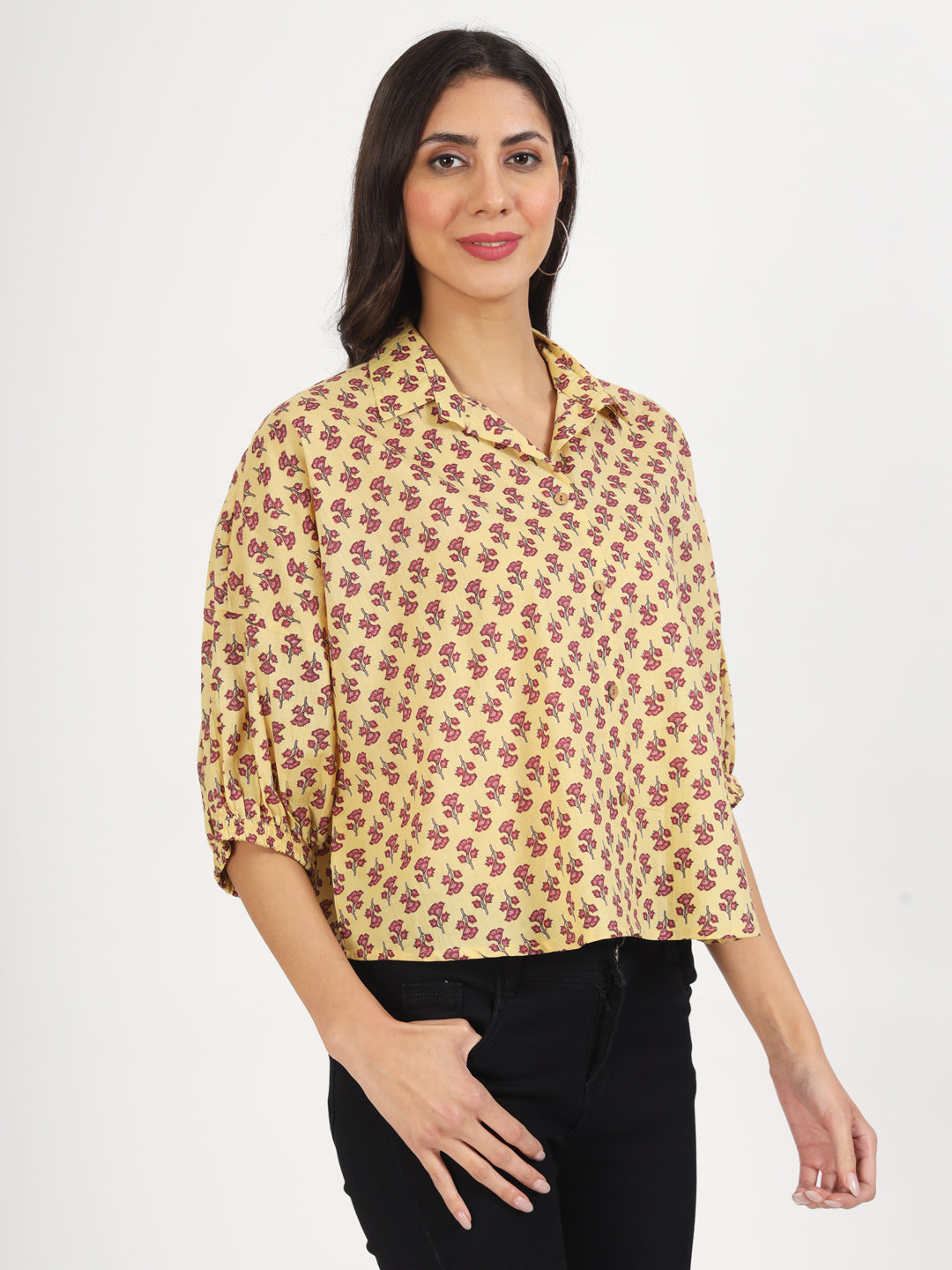 Beige Floral Printed Cotton Tops