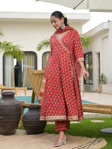 Red Floral Printed Round Neck Pure Cotton Anarkali Kurta With Trousers & Dupatta