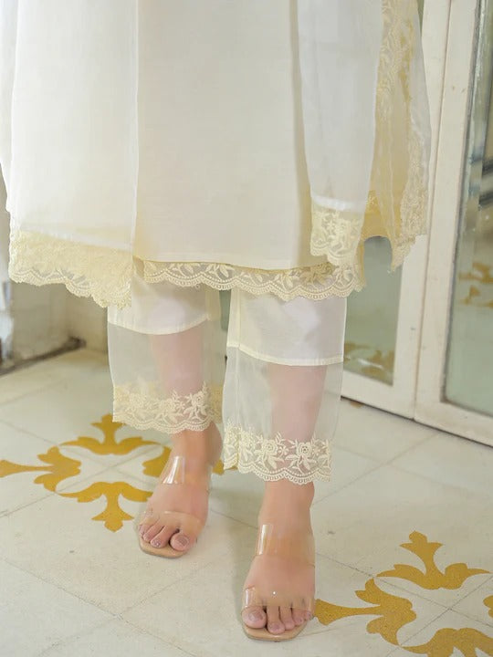 Cream Chanderi Kurta Pant With Dupatta