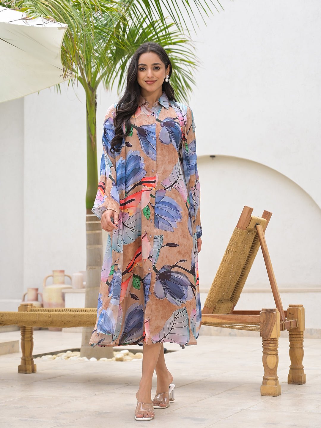 Blue Multi Digital Printed Chinon Kaftan Dress