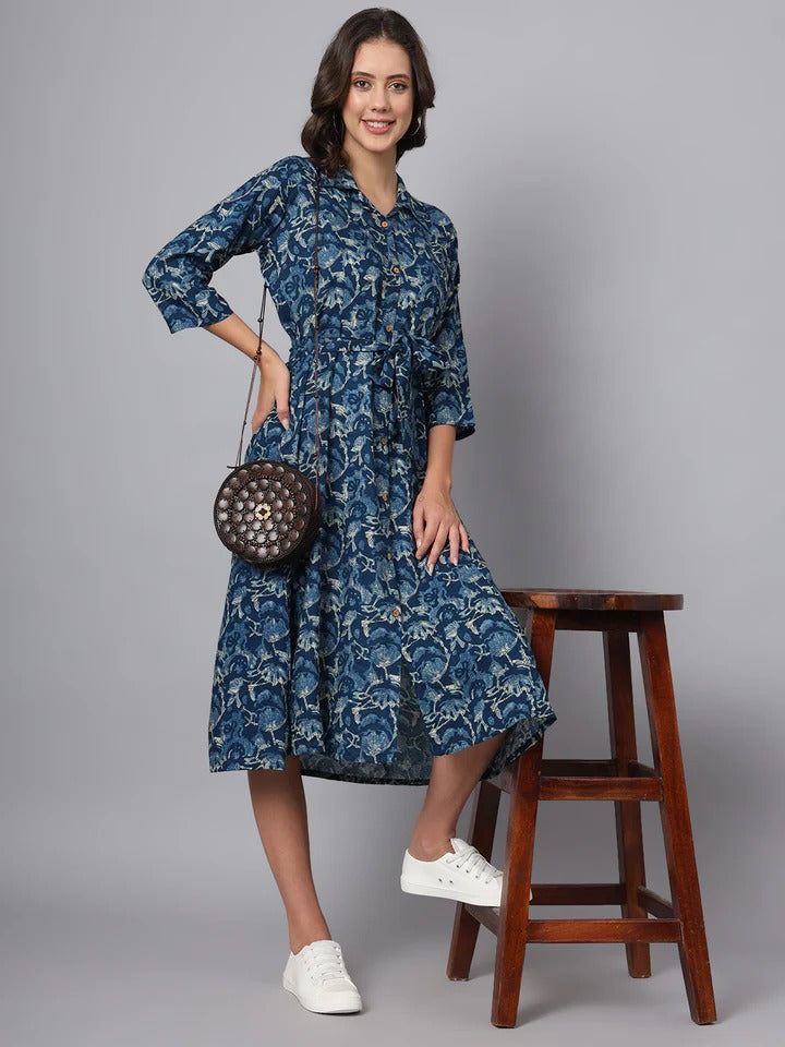 Blue Floral Print Rayon Midi Dress